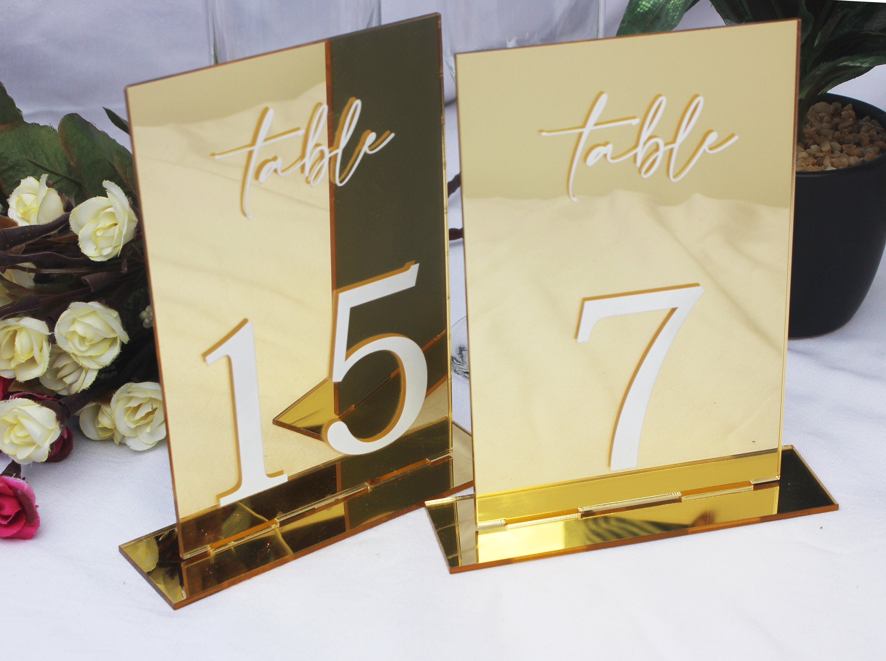 Mirror Acrylic Wedding Table Numbers with Stands: Elegant Gold Signage