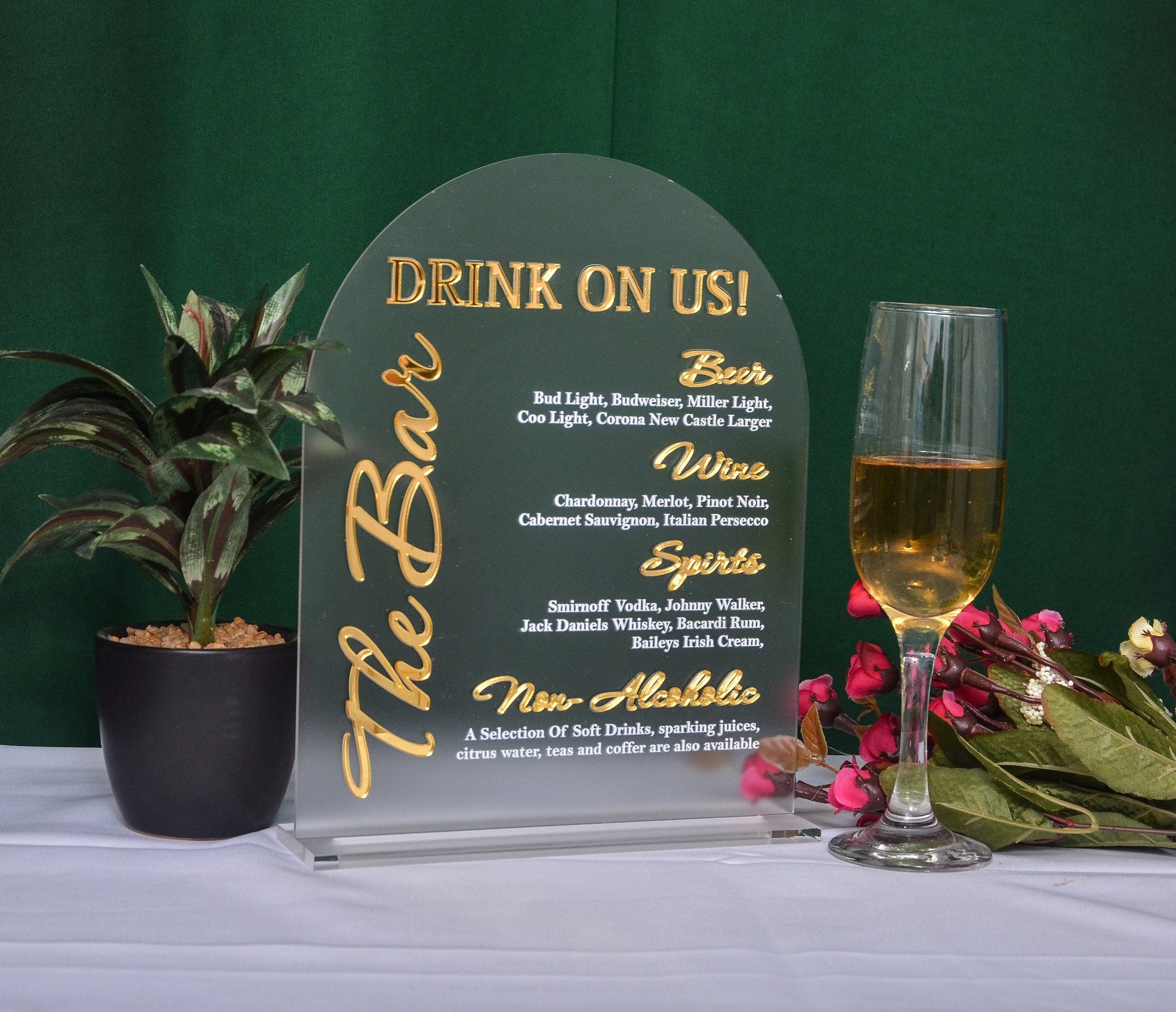 Custom Acrylic Wedding Bar Sign: Modern Arch Menu, UV Print