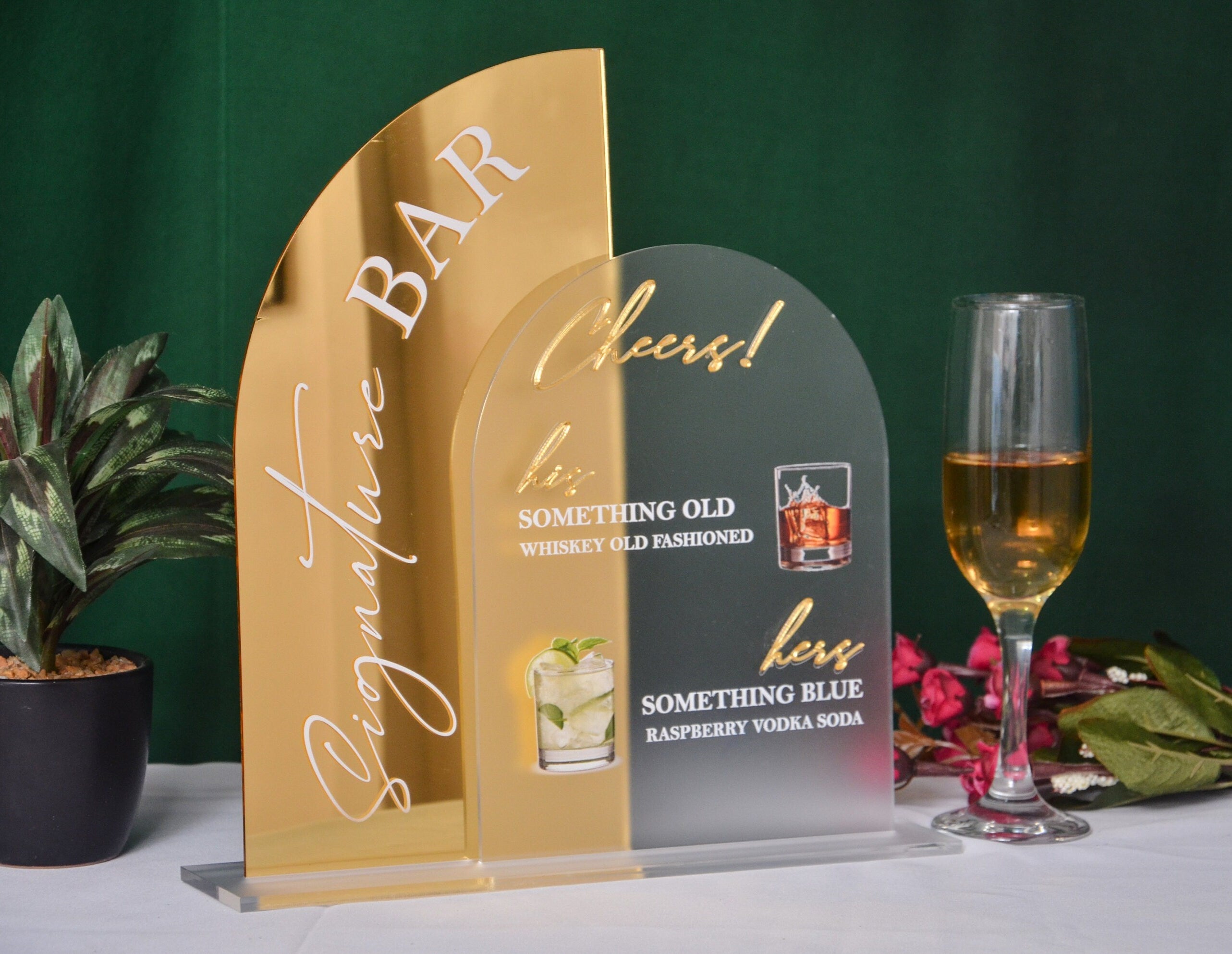 Custom Acrylic Wedding Signature Drink Sign: Gold Bar Menu, UV Print