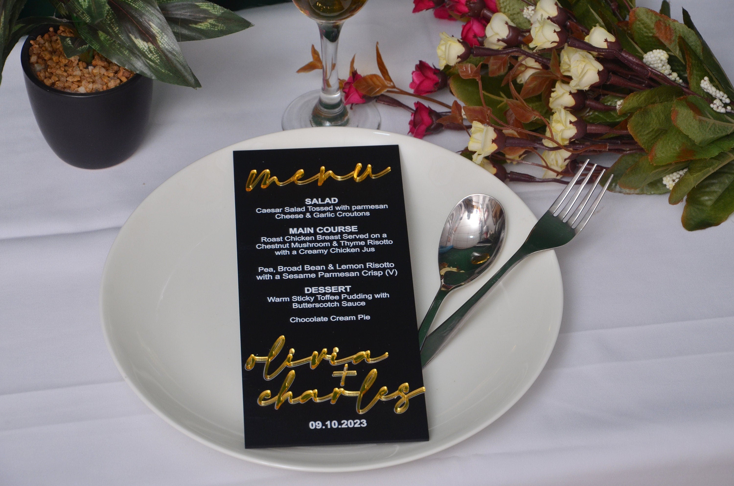 Matt Black Acrylic Wedding Menu Card: UV Printed, Modern Reception Decor