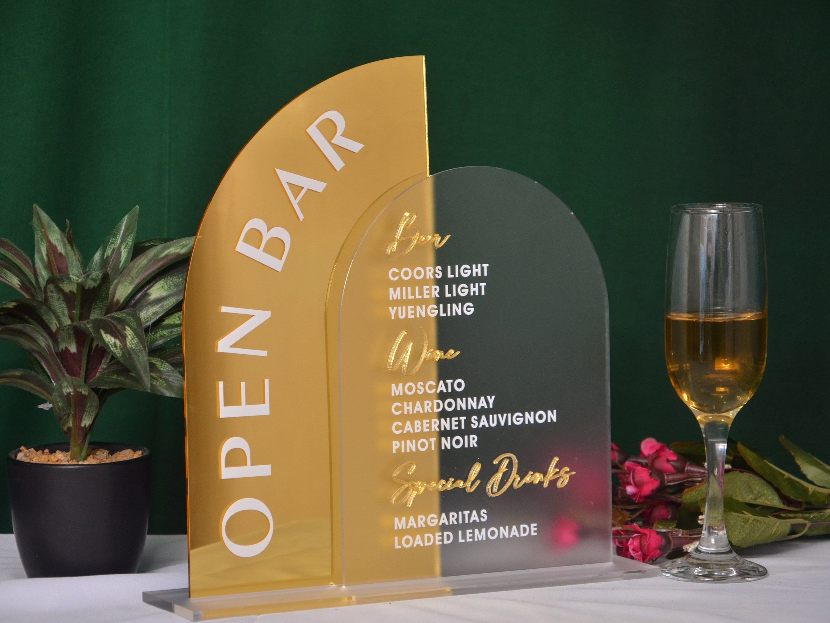 Arched Acrylic Open Bar Sign: Gold Mirror Wedding Drinks Menu