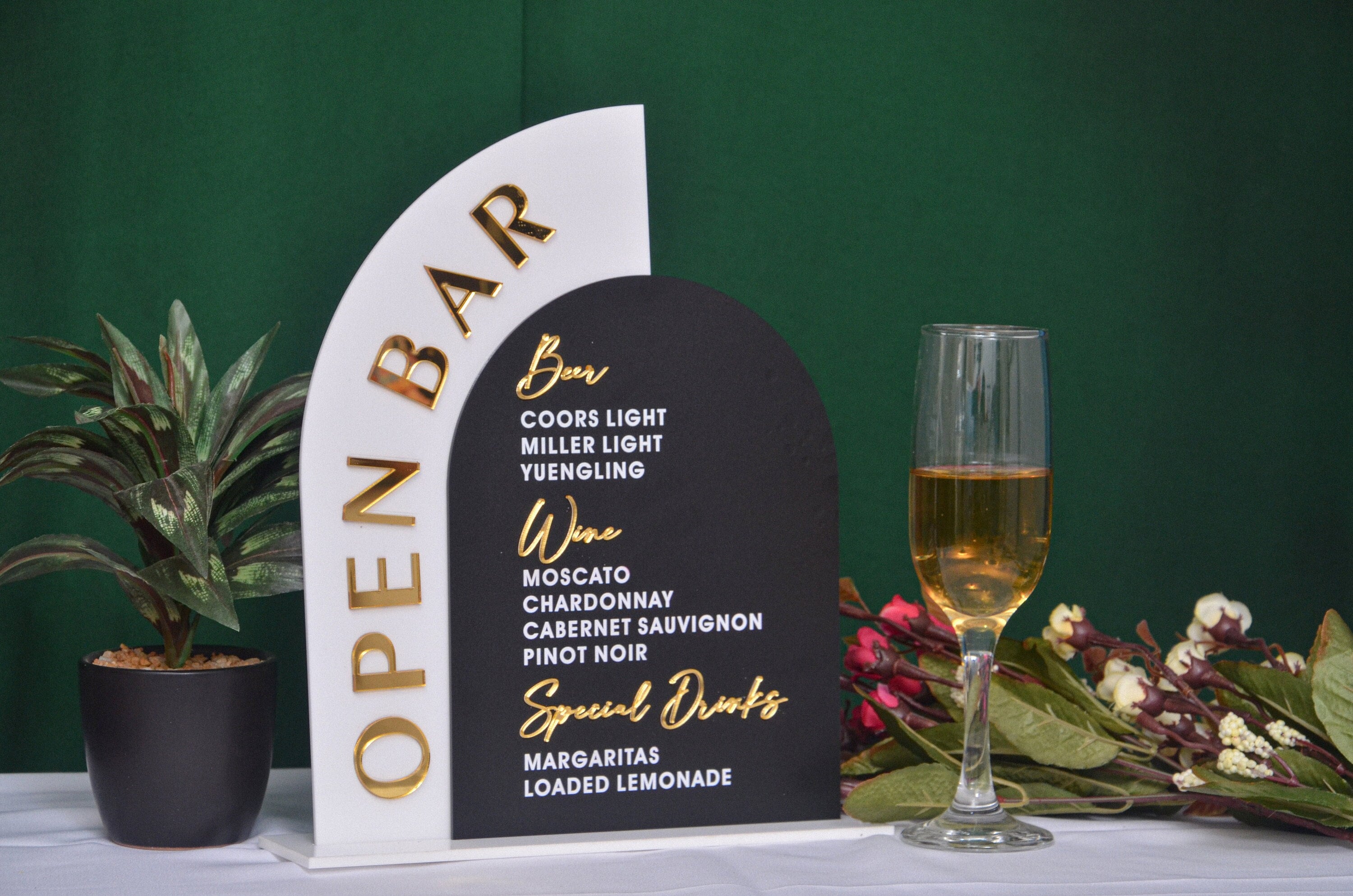 Arched Acrylic Open Bar Sign: Frosted Wedding Bar Menu, UV Print