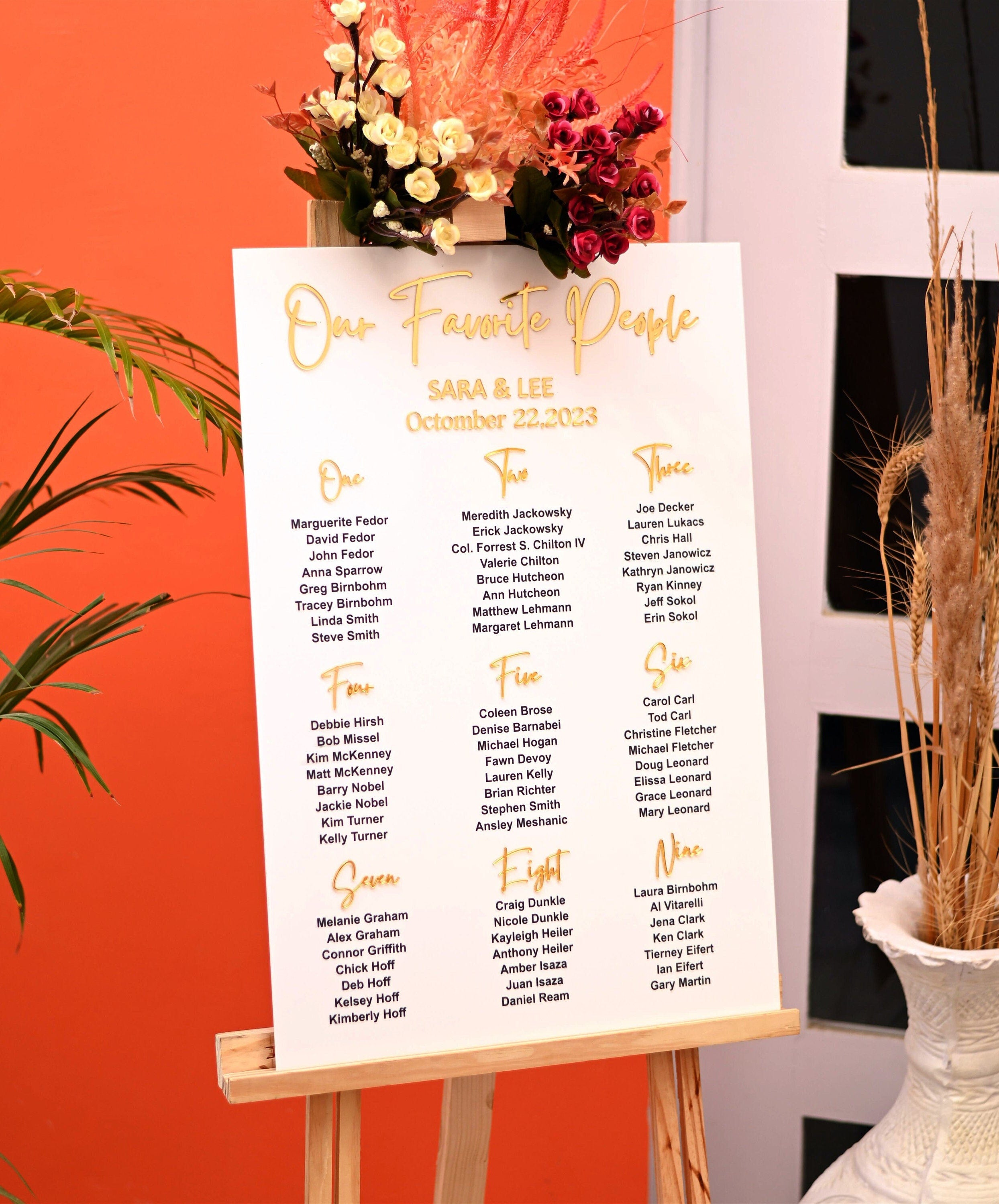 White Acrylic Wedding Seating Chart: Gold Headings, UV Print