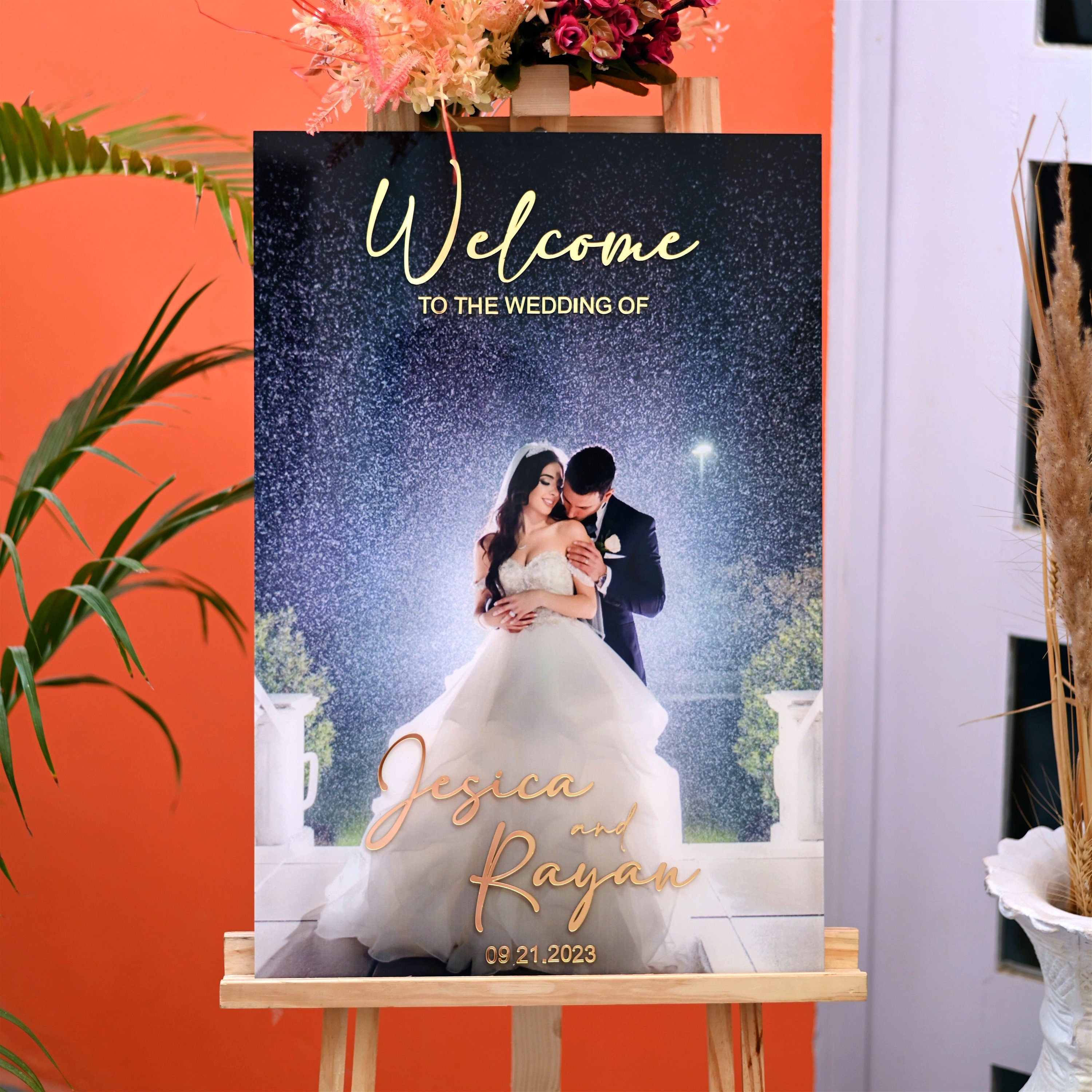 Custom Clear Acrylic Wedding Welcome Sign: Photo UV Print, Gold Headings