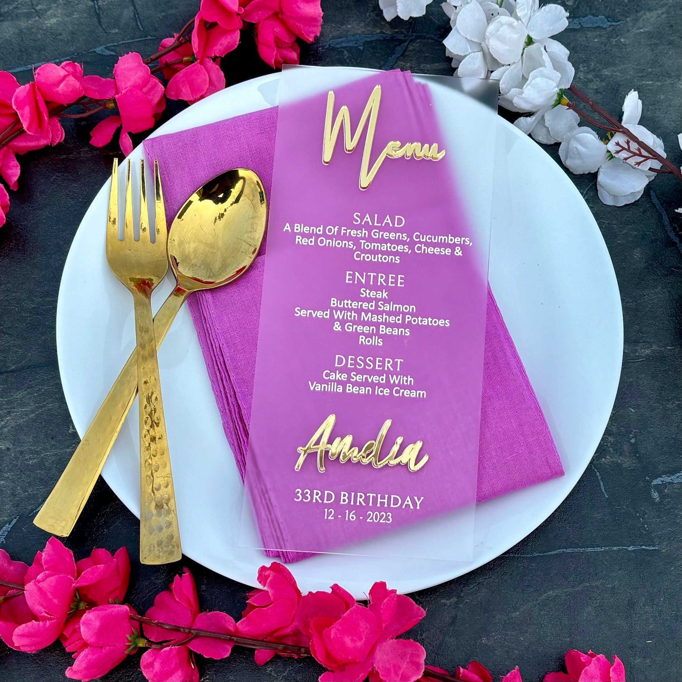 Frosted Acrylic Wedding Menu Card: Elegant UV Print, 4x9 Inch
