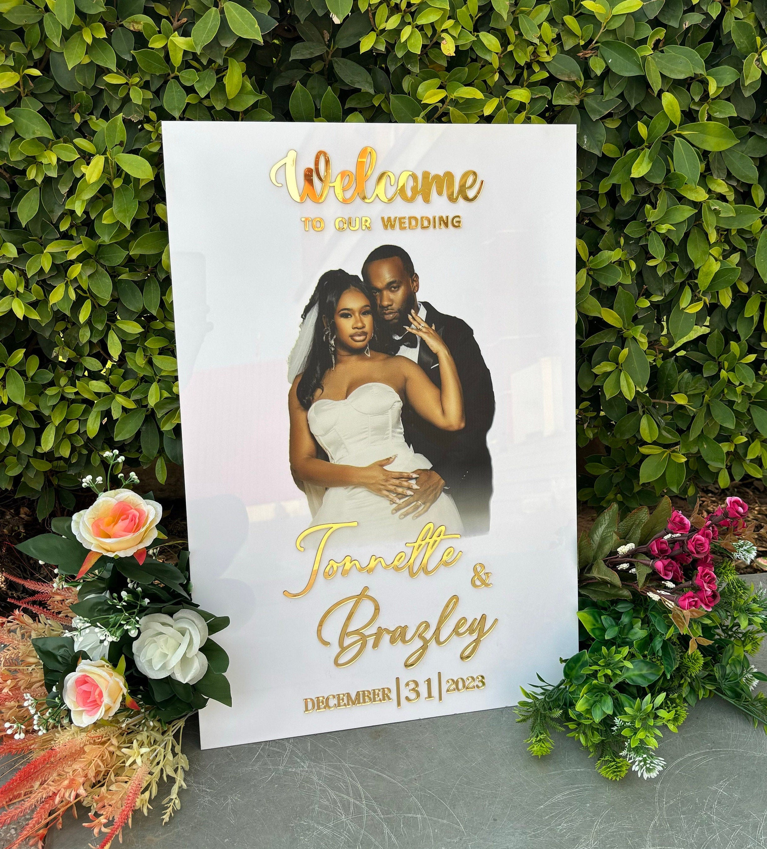 Photo Wedding Welcome Sign: White Acrylic with Gold Lettering