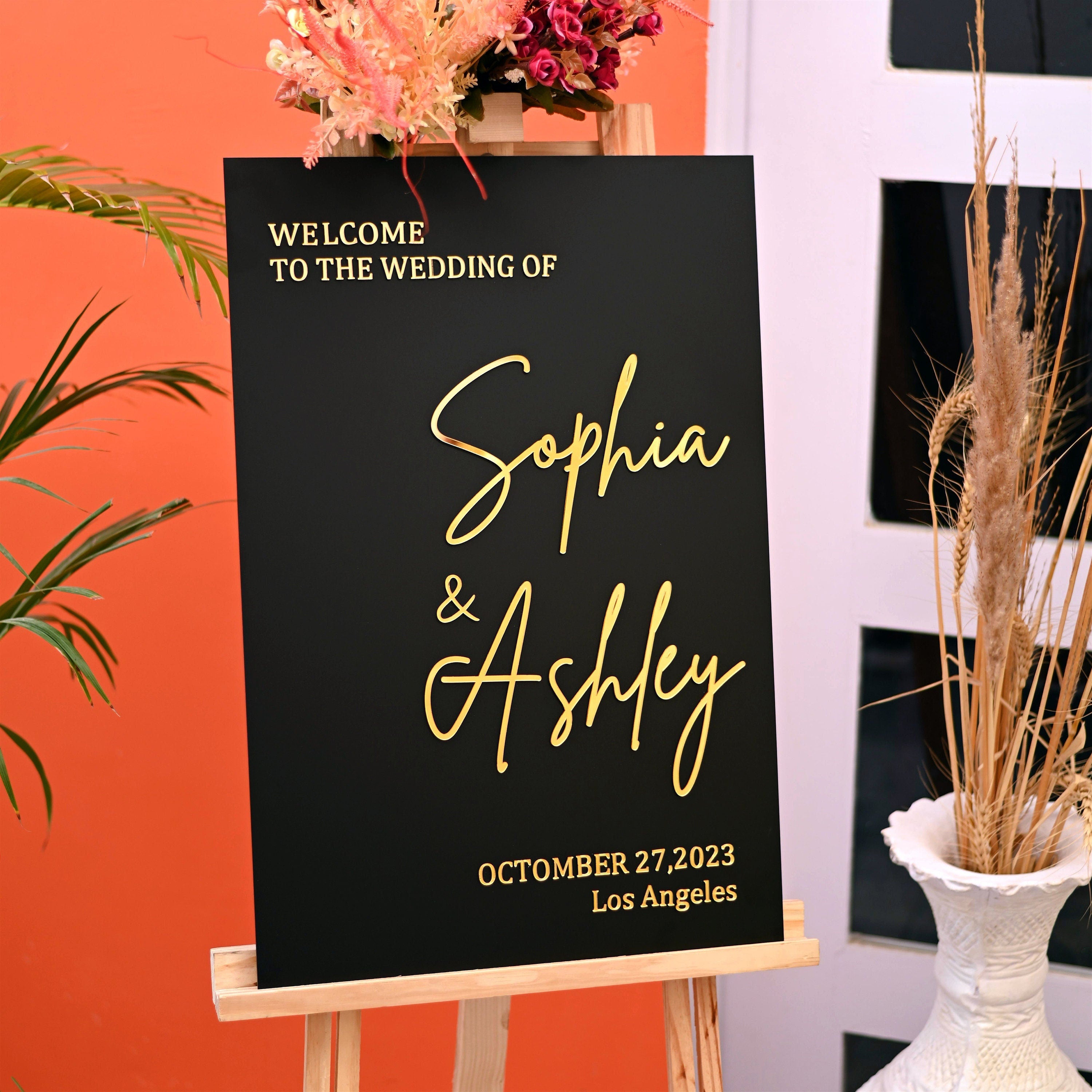 Matt Black Acrylic Wedding Welcome Sign: 3D Gold Headings