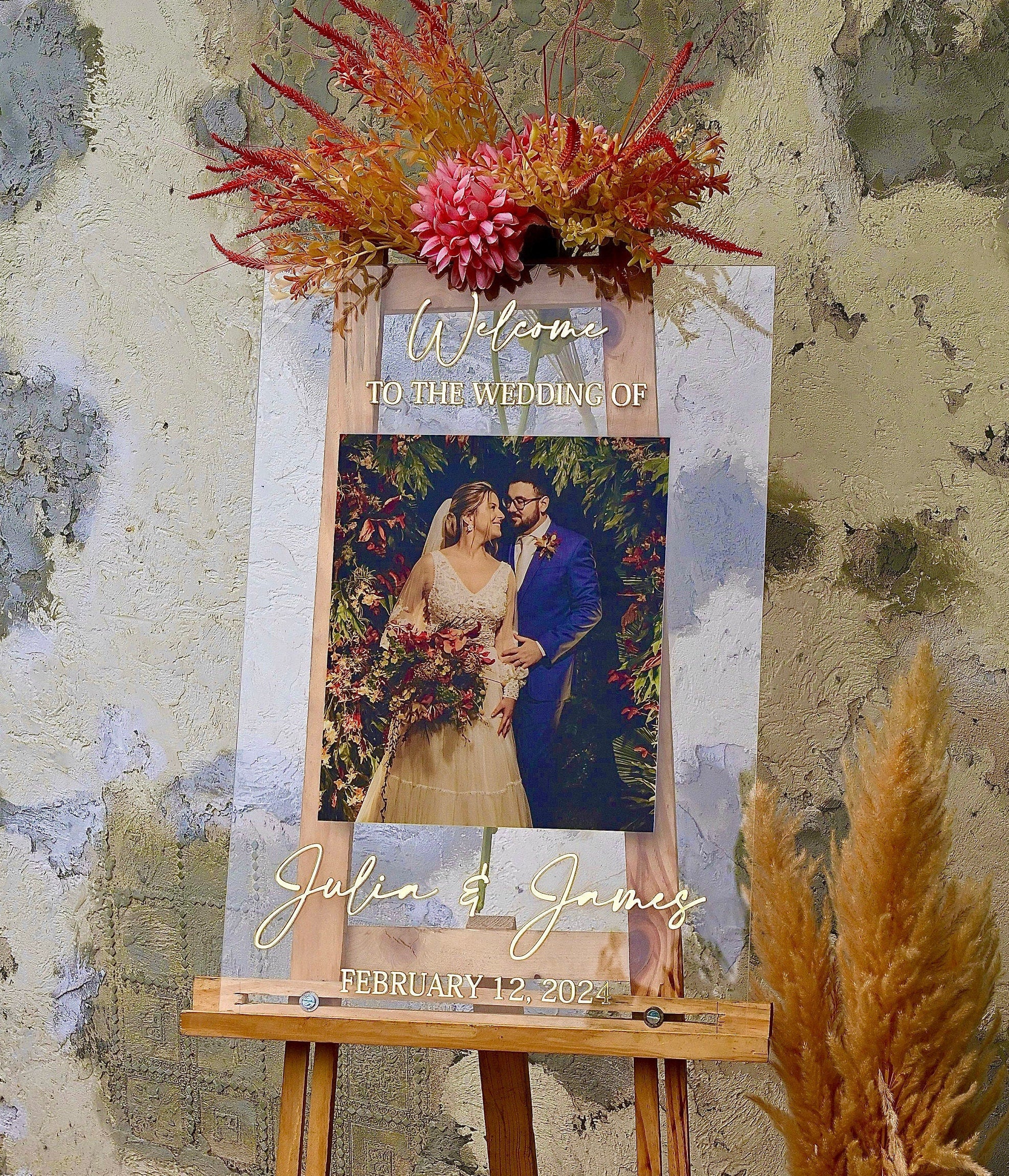Personalized Photo Wedding Welcome Sign: Clear Acrylic with Gold Lettering