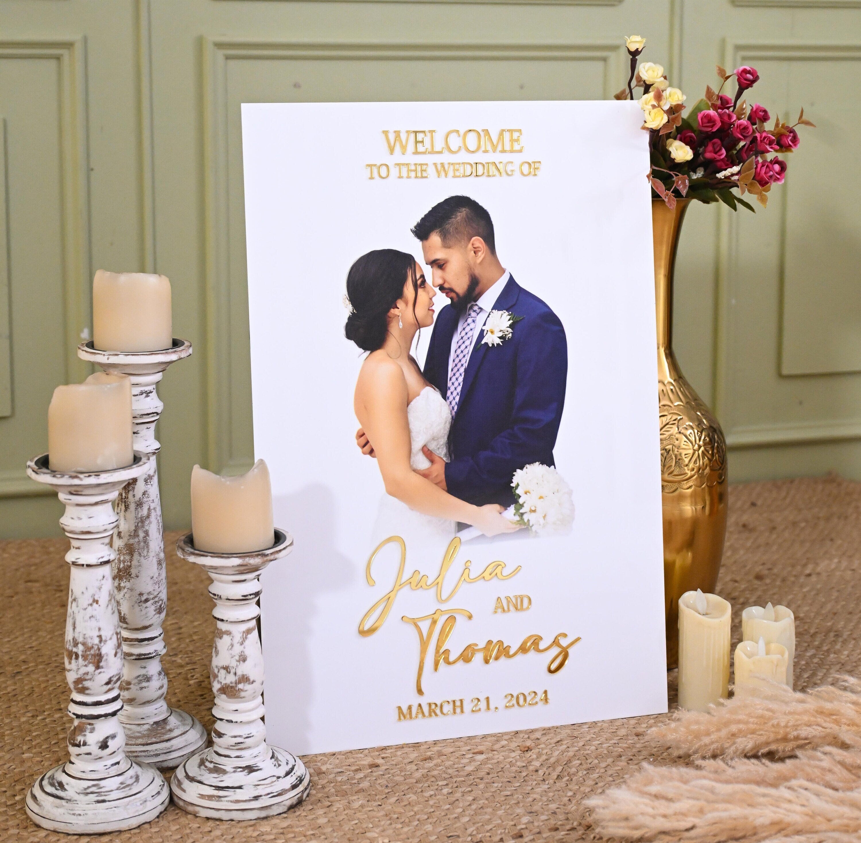 Custom Photo Wedding Welcome Sign: White Acrylic with Gold Lettering