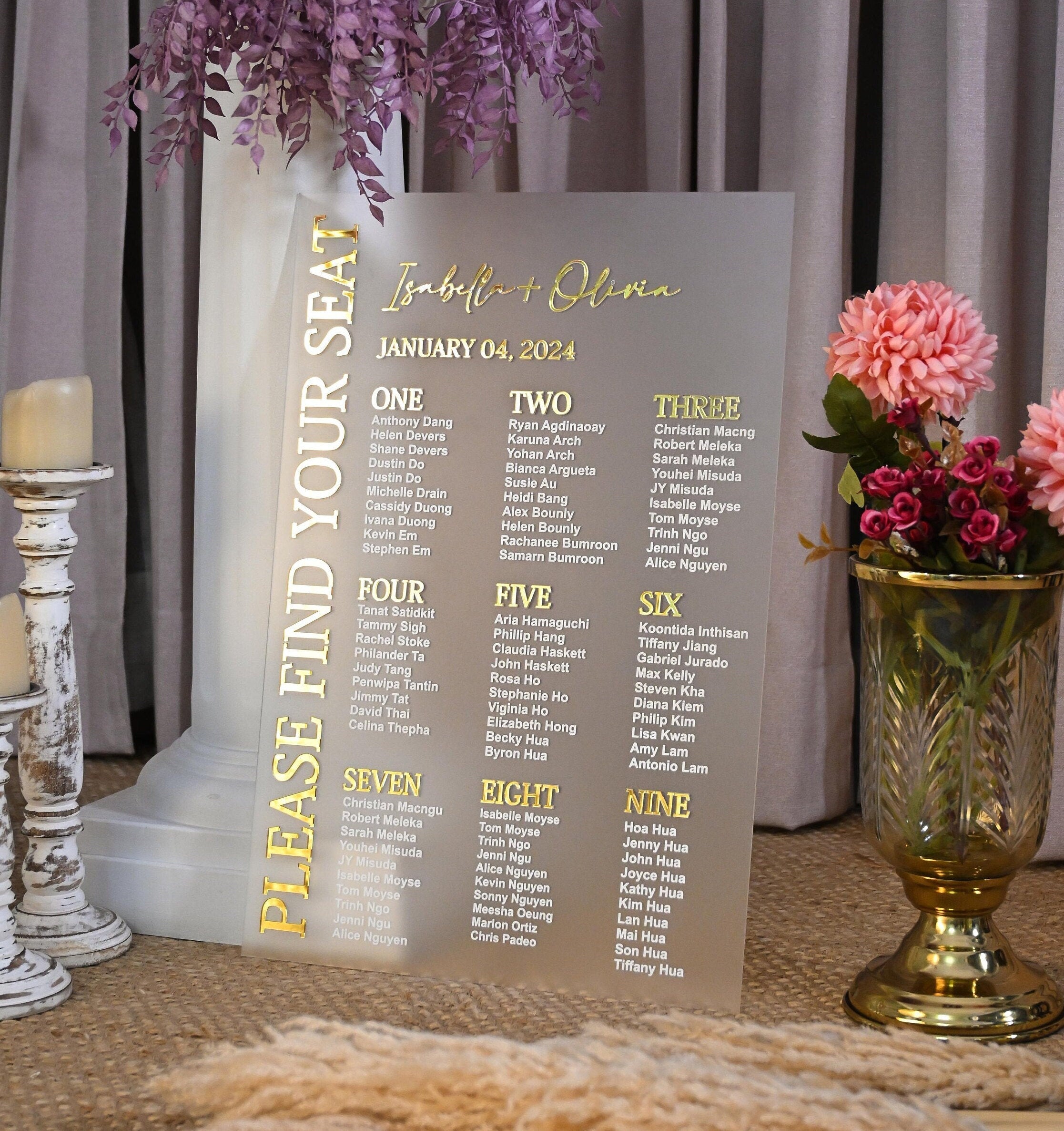 Frosted Acrylic Wedding Seating Chart: Gold Headings, White Print