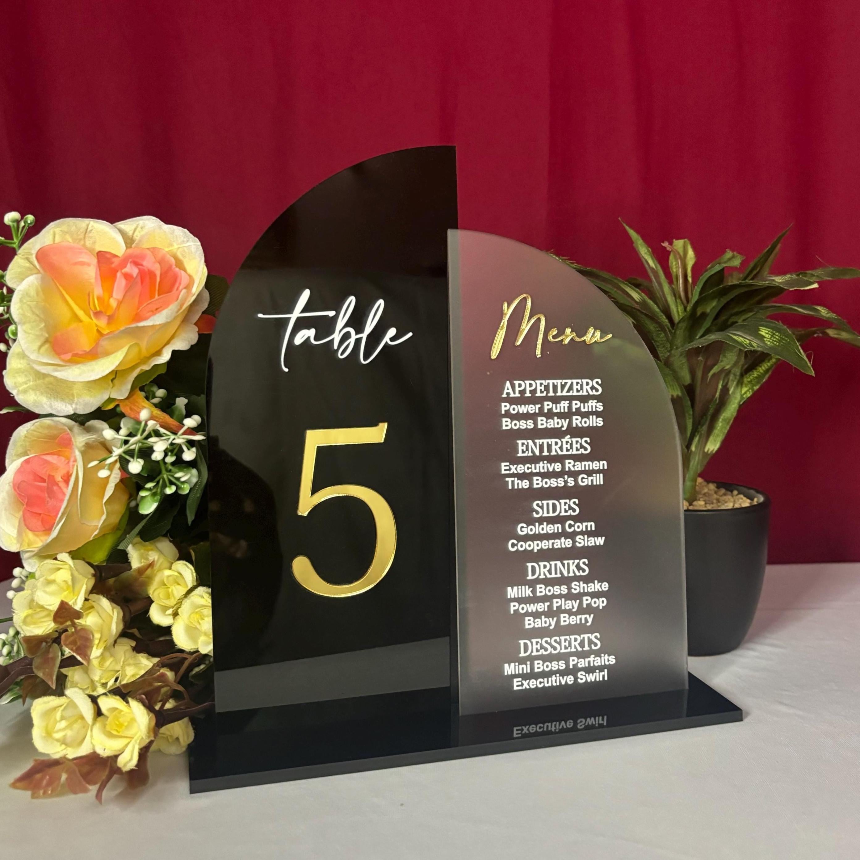 Black & Frosted Acrylic Wedding Menu Table Numbers with Stands