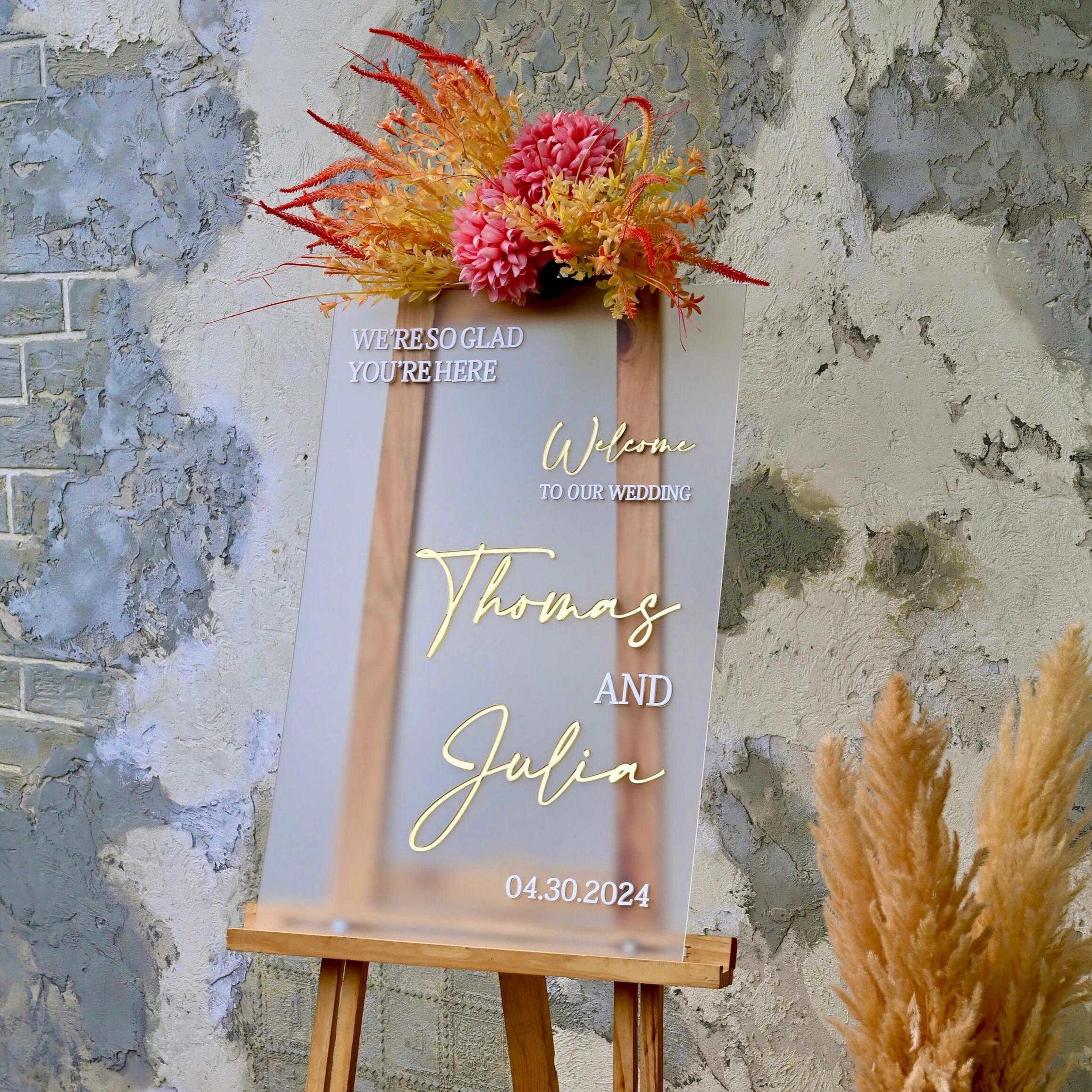 Frosted Acrylic Wedding Welcome Sign: 3D Gold Headings, Custom Signage
