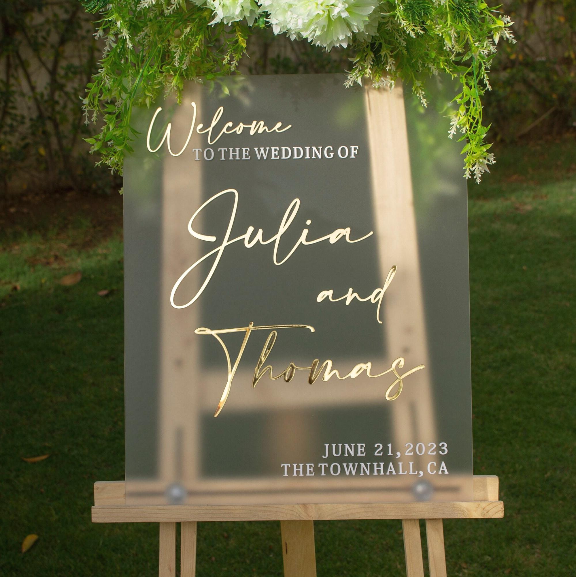 Frosted Acrylic Wedding Welcome Sign: 3D Mirror Gold Headings