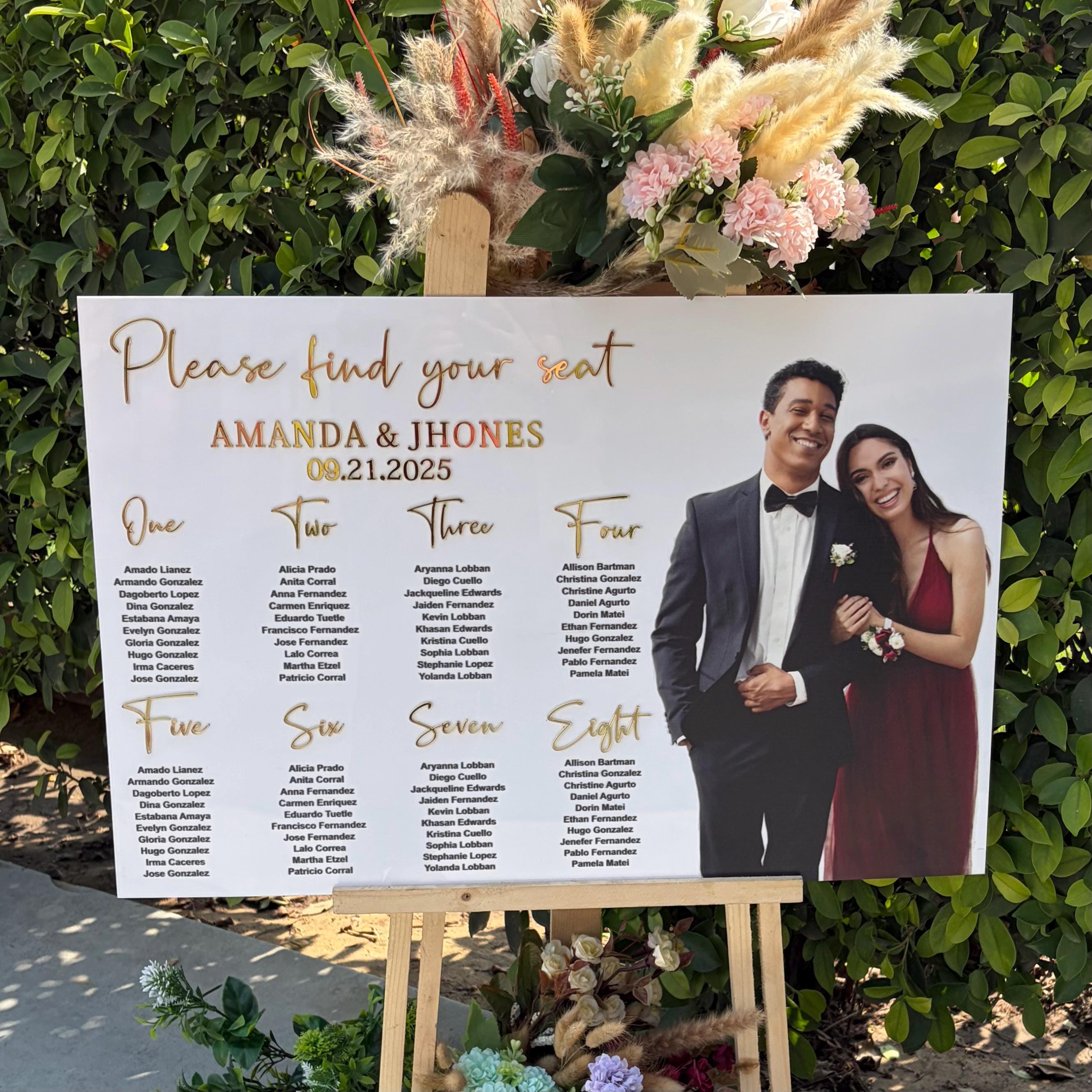 White Acrylic Photo Wedding Seating Chart: Gold Headings, UV Print