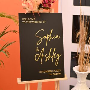 Matt Black Acrylic Wedding Welcome Sign: 3D Gold Headings