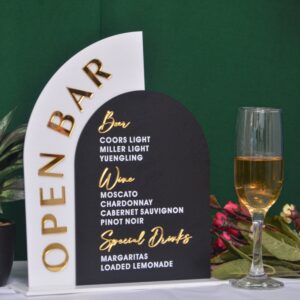 Arched Acrylic Open Bar Sign: Frosted Wedding Bar Menu, UV Print
