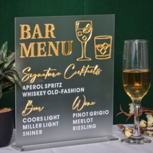 Custom Acrylic Wedding Bar Menu Sign: Frosted UV Print, 10x12 Inch