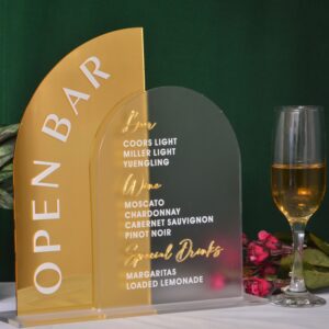 Arched Acrylic Open Bar Sign: Gold Mirror Wedding Drinks Menu