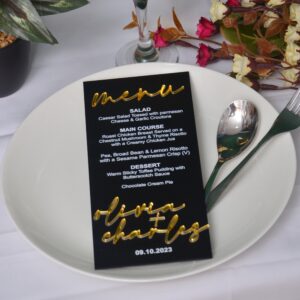 Matt Black Acrylic Wedding Menu Card: UV Printed, Modern Reception Decor