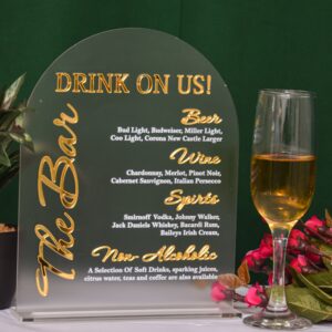 Custom Acrylic Wedding Bar Sign: Modern Arch Menu, UV Print