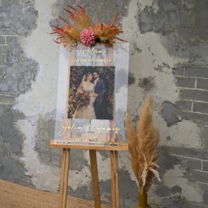 Personalized Photo Wedding Welcome Sign: Clear Acrylic with Gold Lettering