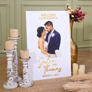Custom Photo Wedding Welcome Sign: White Acrylic with Gold Lettering