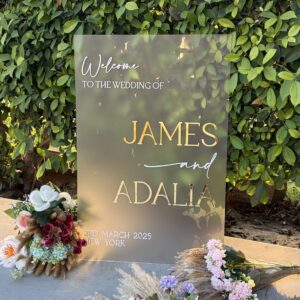 Frosted Acrylic Wedding Welcome Sign: 3D Mirror Gold Headings