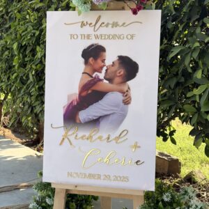 Personalized Photo Wedding Welcome Sign: Clear Acrylic with Gold Lettering