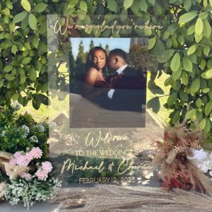 Personalized Photo Wedding Welcome Sign: Clear Acrylic with Gold Lettering