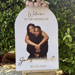 Personalized Photo Wedding Welcome Sign: Clear Acrylic with Gold Lettering